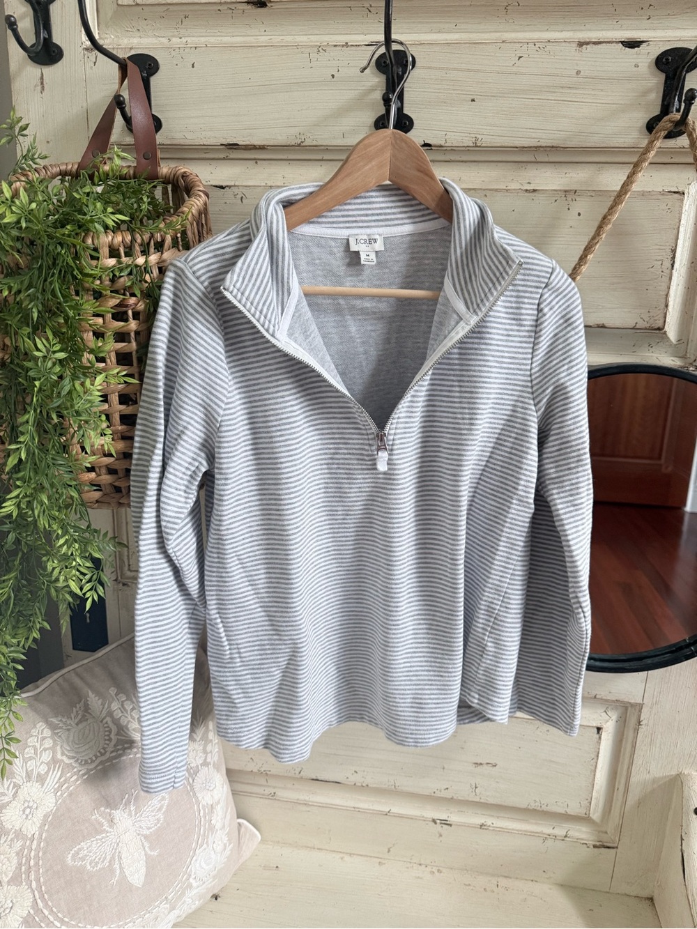 J. Crew Light Gray & White Striped Half-Zip Sweater
